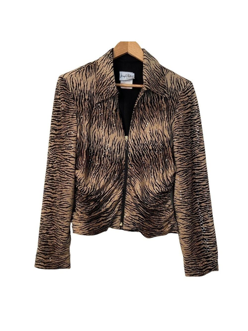 Joseph Ribkoff fitted blazer zip up animal prints sequins embellished medium